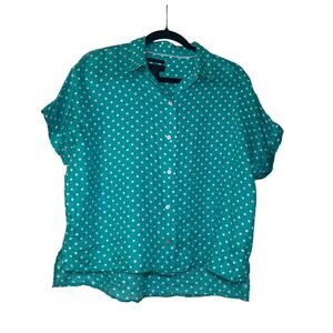 Rachel Roy Polka Dot Cap Sleeve 100% Linen Button Up Shirt Green White Size S